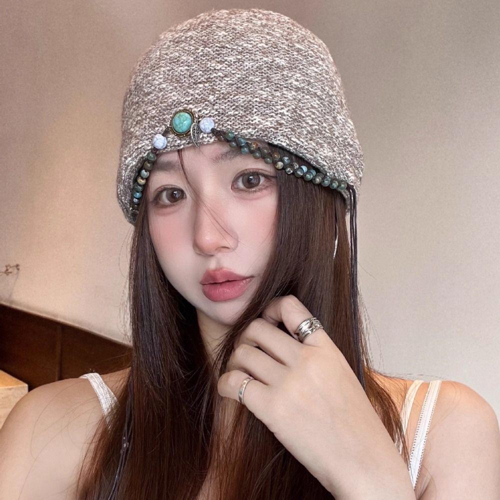 Ethnic Style Bohemian Beanies Hat Coldproof Jacquard Woolen Hat Fashion Beaded Fringed Cap  Female