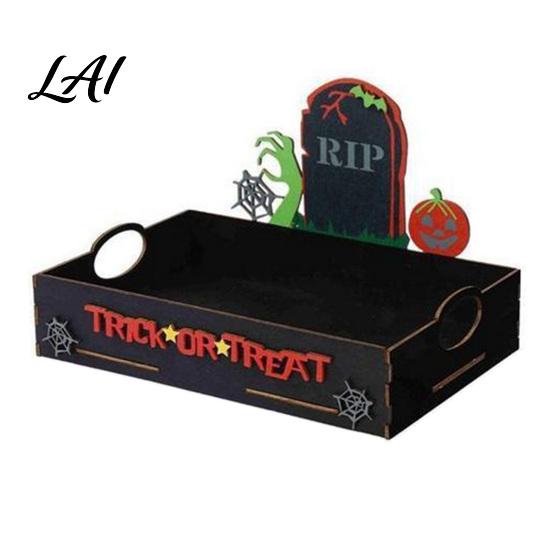 Castle Pattern Dish Halloween Witch Decorative Wood Serving Tray with Handle Ghost Pumpkin Seasonal Display Stand Trick or Treat Dessert for