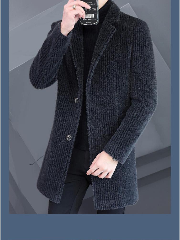 Men's Striped Mid-Length Overcoat Suit Collar Trench Coat, 2023 Autumn/Winter, Youth Plus Cotton, Thickened.