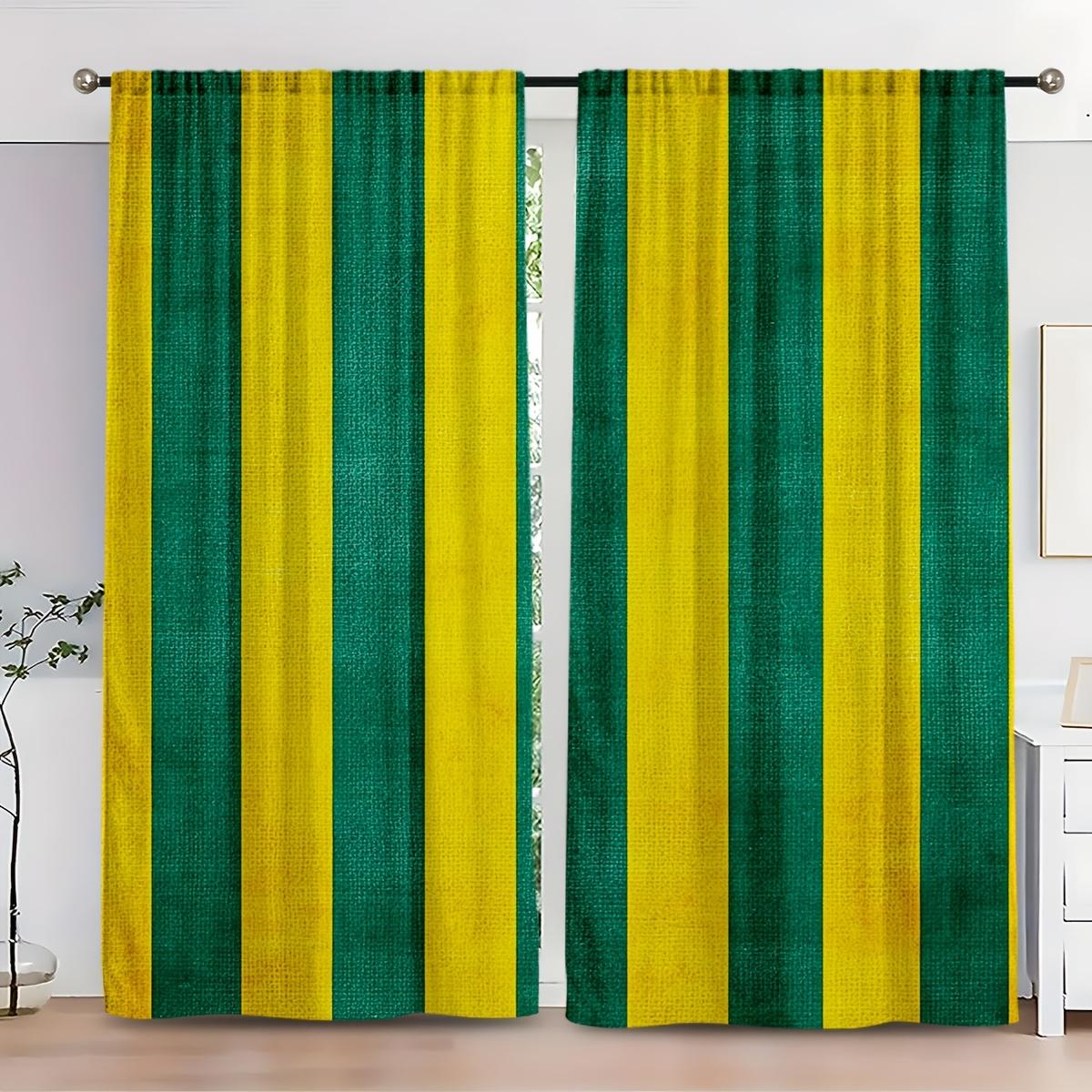 2pcs Modern Striped Linen Texture Curtains - Bright Yellow & Emerald Green Vertical Stripes Semi-Transparent Rod Pocket Design 100*130 HOOK 1pcs