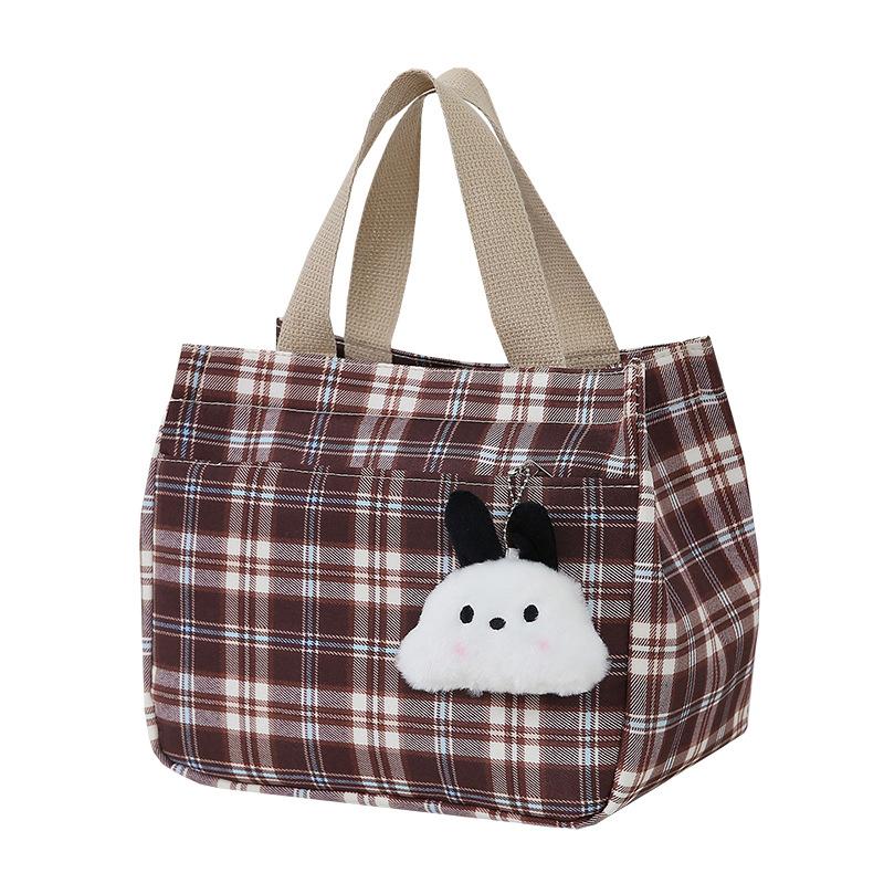 Cartoon Casual Plaid Pattern Canvas Versatile Handbag With Plush Pendant Office Worker Lunch Bag Tote Bag Mountaineering Bag