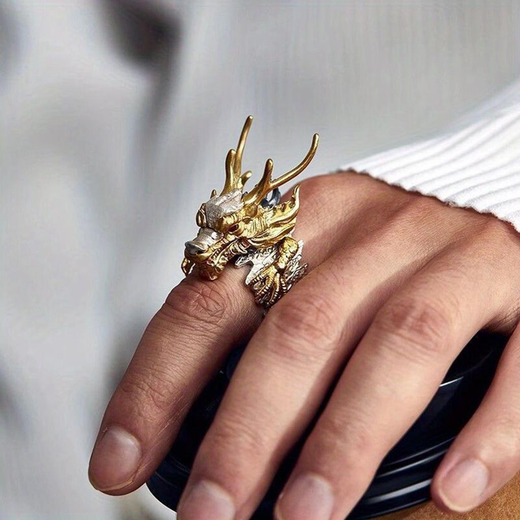 Vintage Golden Dragon Ring Adjustable Open Mouth Unique Ring Ornament Fashion Jewelry Accessory for Women and Men