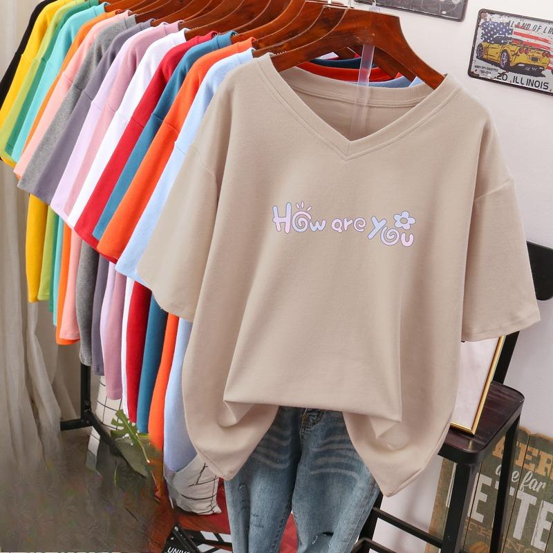 Camiseta de manga curta, Solta, Top V-neck Estampado Emagrecedor para Mulheres