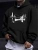 American Western Style Unisex Autumn Winter Print Hooded Long Sleeve Sweatshirt, Canoe Lake Fishing Silhouette Print Hoodie, Outdoor Angling Retro Cas