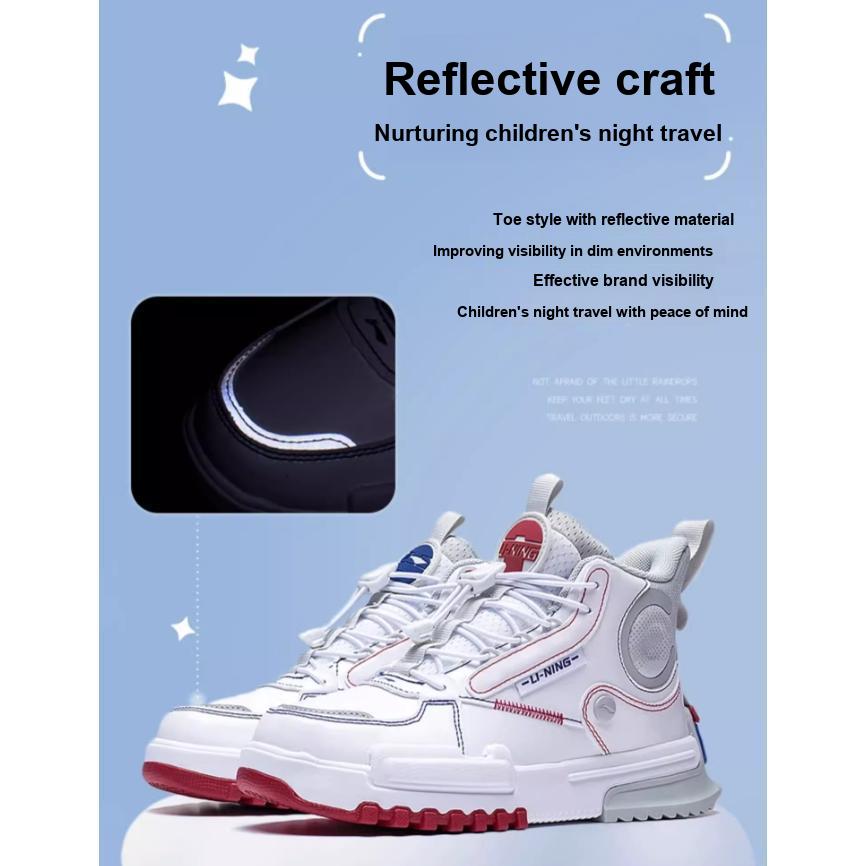 Li Ning Childrens Super Dimension Mid Reflective Letter High Top Casual Shoes Kids Casual Shoes White Gray YKCS144-17