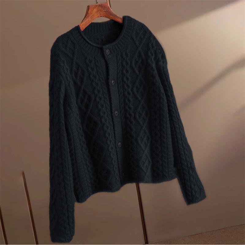 Women's European Style Heavy Knit Lamb Wool Cardigan - Thick Coarse Yarn Cashmere Sweater Coat for Autumn and Winter 2025