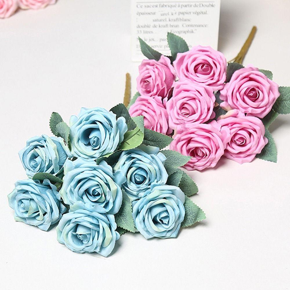 7 Heads Rose Artificial Flower Multicolor Green Leaves Faux Flower Photo Props Rolled Edge Simulation Rose Flower