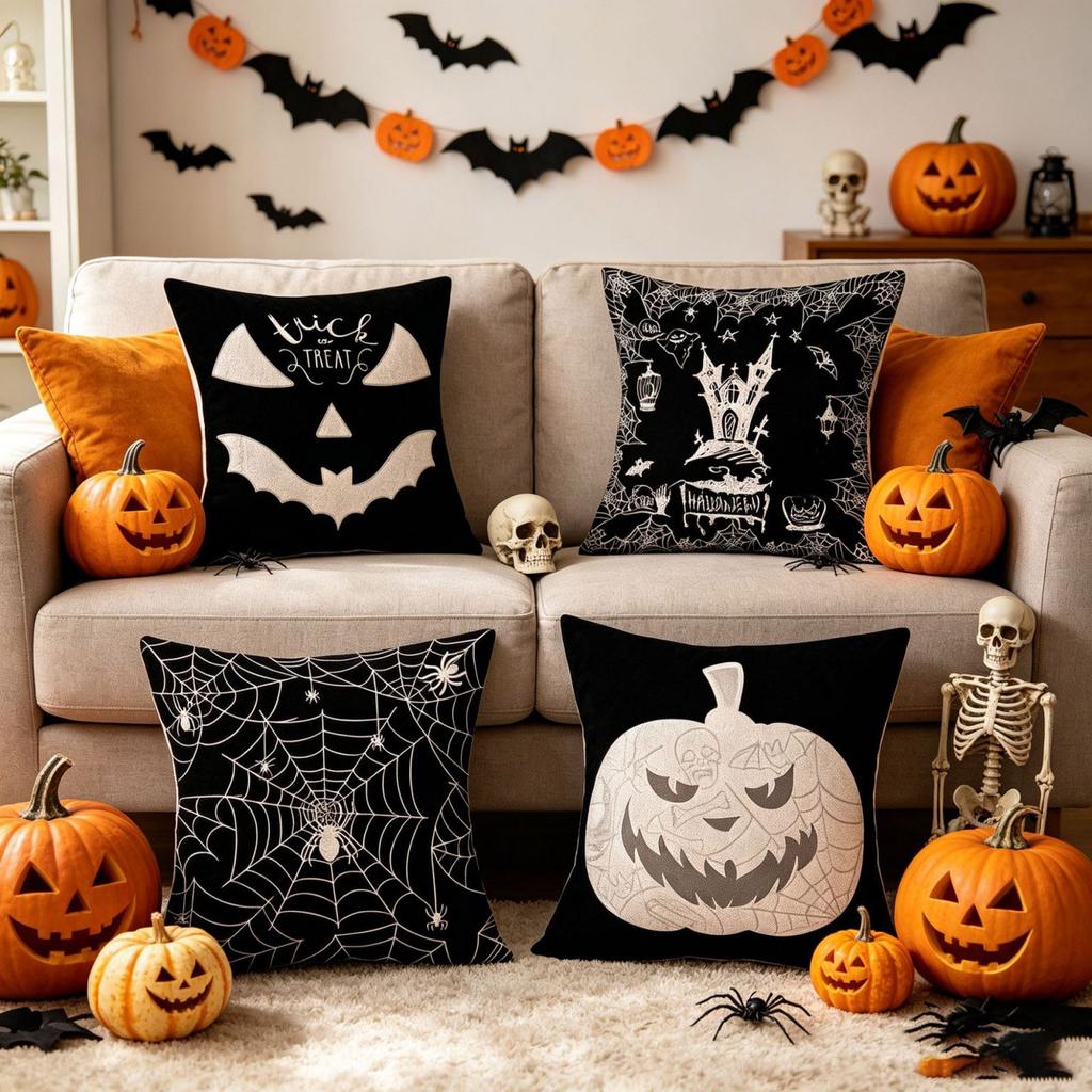 Halloween Decorative Pillow Cover 45x45cm Bat Pumpkin Print Cushion Case for Sofa Bed Home Atmosphere Decoration