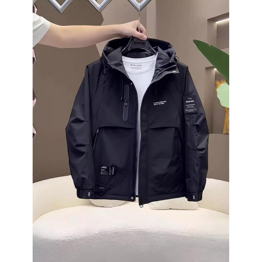 Men's 2025 Winter Hooded Jacket: Spring/Autumn Workwear, Padded, Thickened, Windproof Cotton Coat, Trendy Style.