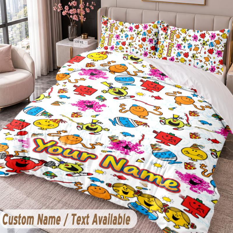 Custom Name Text 3Pcs Bedding Set Mr. Men & Little Miss Duvet Cover And Two Pillowcases