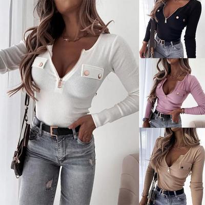 Jesienna Zima Elastyczna Koszulka Damska Street Fashion Dzianinowa Slim Fit Długi Rękaw Zamek Błyskawiczny T-shirt