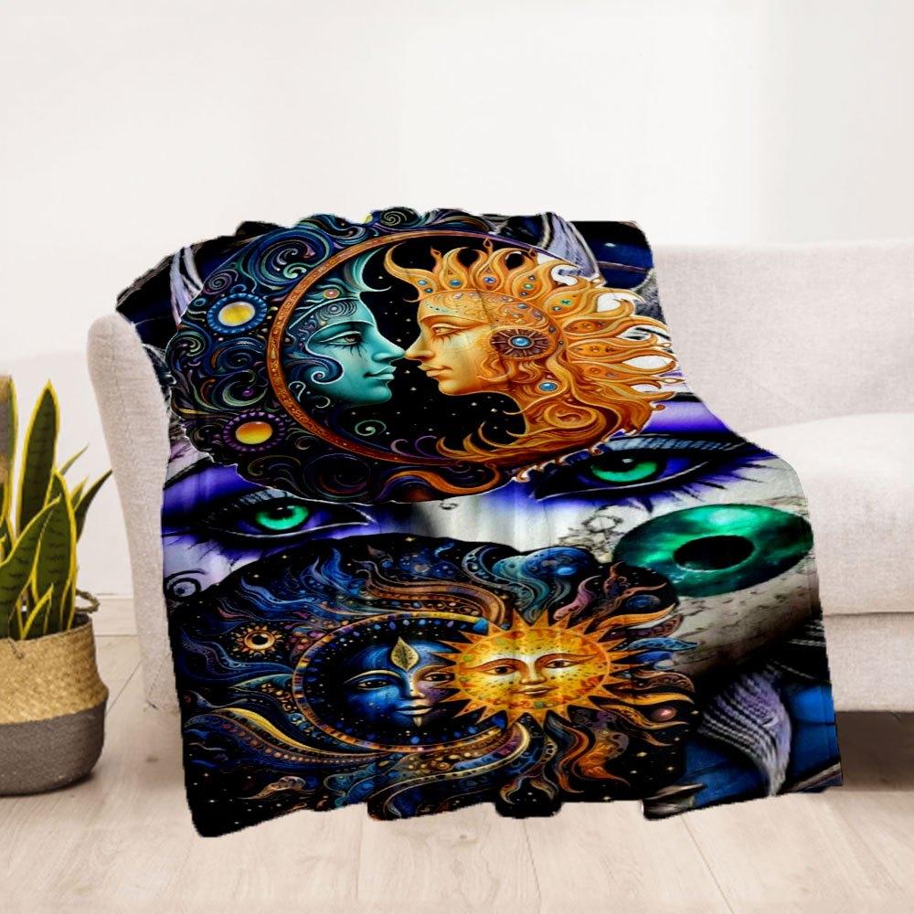 "Colorful Sun & Moon Face Mandala Art Print"Blanket Flannel Throw Blanket for Sofa, Bed, Travel, Camping, Office
