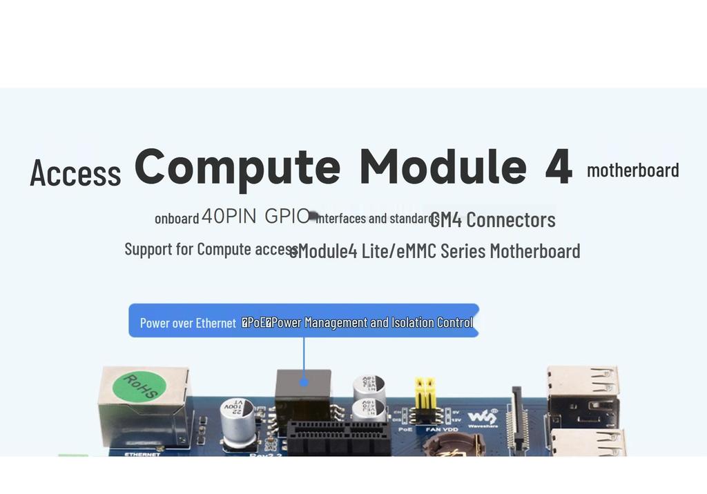 MicroSnow PoE Expansion Board Type B for Raspberry Pi CM4 with Dual DSI/CSI, Quad USB, and Case.