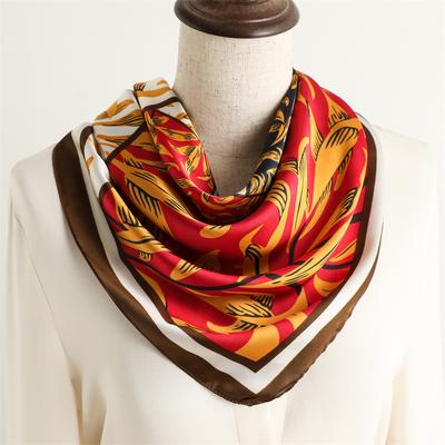 Scarf Women's Versatile Headscarf 71cm Color Matching Pattern New Leaf Silk Scarf Shawl Medium Square Scarf Simulation Silk Plain and Elegant