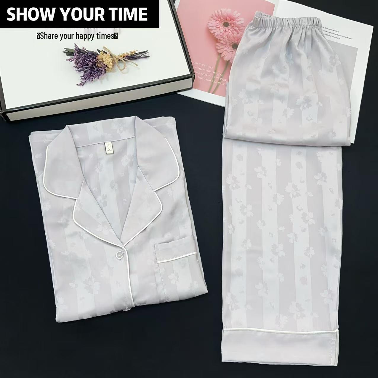 

Korean Floral Ice Silk Pajamas: Light Purple Long Sleeve & Pants Set, Women s Spring/Autumn M світло-фіолетового кольору