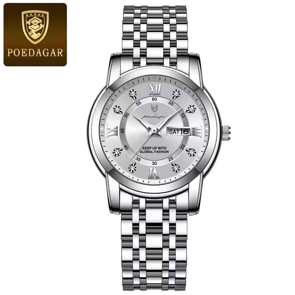 POEDAGAR Damen Edelstahl Dail Elegante Wasserdichte Leuchtende Quarz Datum Armbanduhren, Modische Damenuhr