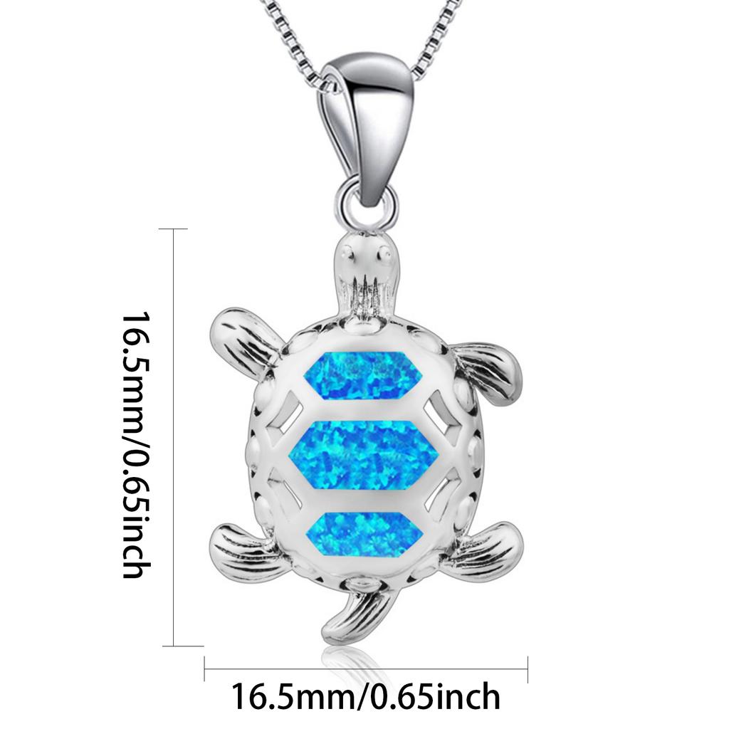 Women's Marine Turtle Opal Pendant Necklace with Sweater Chain Silver Plated Copper Alloy Blue Fire Opal Inlaid Coastal Design