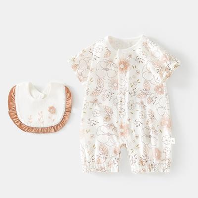 Conjunto de 2 Piezas Verano Bebé Niña Niño Mamelucos Lindos Bebés Niños Pequeños Dibujos Animados Algodón Manga Corta Conjuntos Monos+Baberos Artículos para Recién Nacidos