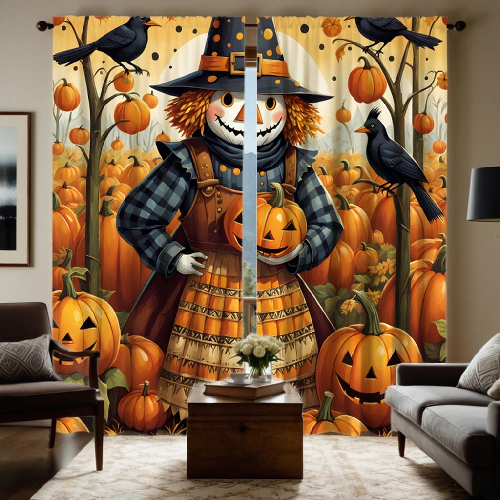 2er-Set HD Halloween Kürbisfeld Vogelscheuche Dekorative Vorhänge Gelbe Krawatte Digital bedruckte Vorhänge Heimdekorationsstil Dez