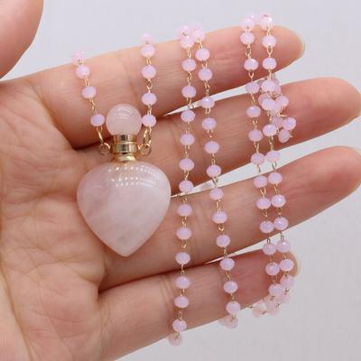 Fashion Heart-Shaped Necklace Natural Stone Rose Quartz Perfume Bottle Pendant Necklace for Ms Party Wedding Charm Jewelry Gift