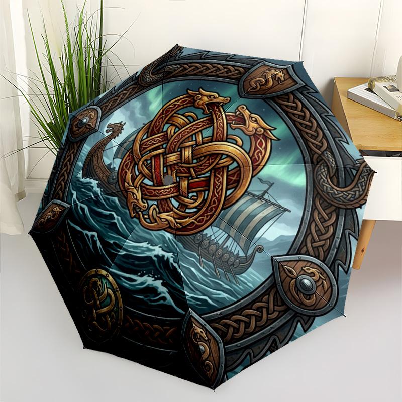 Ship Norse Mythology pattern umbrella, portable and foldable design, 8 ribs, a casual accessory for Halloween, Christmas, and birthday gifts.