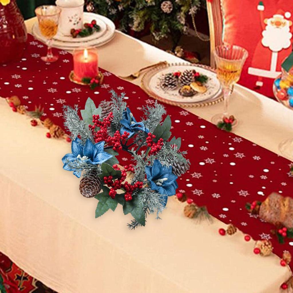 Christmas Candle Ring Wreath Holder for Farmhouse Home Holiday Red Flower