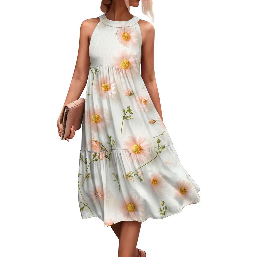 Women's Summer Sleeveless Valentine's Day Printed Loose Splicing Casual Hanging Neck Beach Dresses
