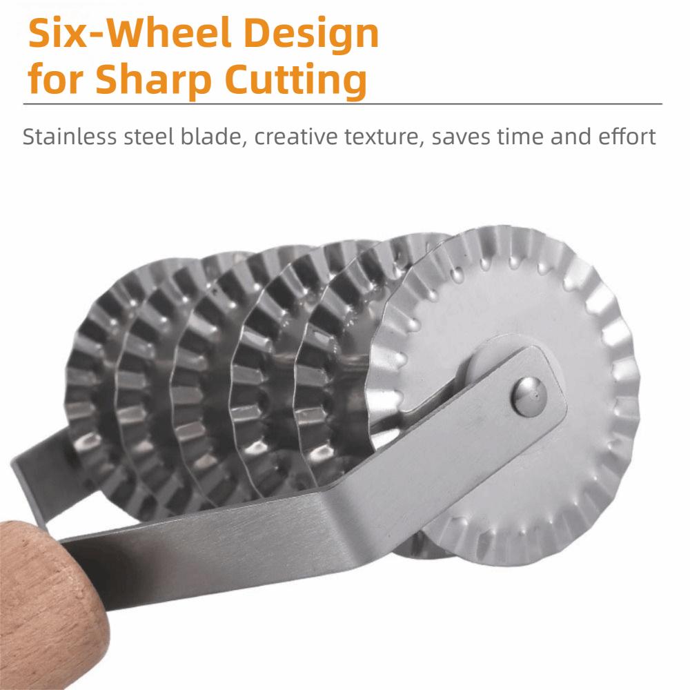 6 Wheel Manual Noodle Cutter Stainless Steel Lattice Design Lattice Dough Cutter Ergonomic Wood Handle Pastry Crust Roller