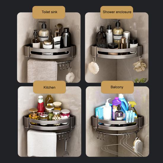 Storage Rack Aluminum Alloy Metal Body Corrosion-Resistant Corner Shelf Wall-Mounted Triangular Design Kitchen Bathroom Shelf
