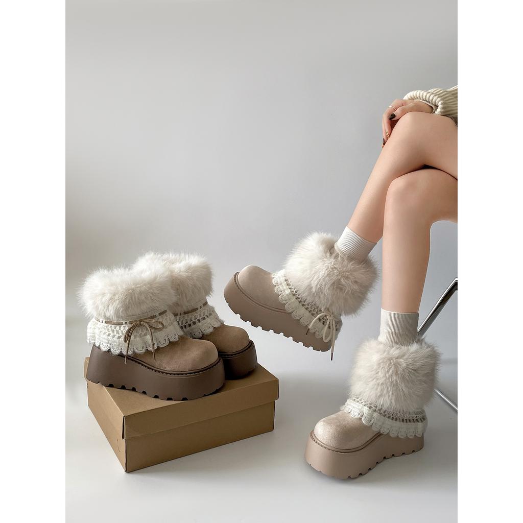 White thick-soled plush thickened fluffy snow boots women's winter warm outer wear non-slip cotton shoes