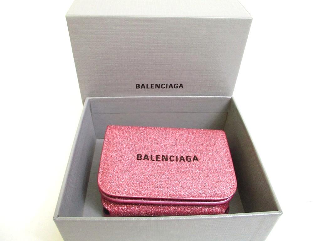 Authentic BALENCIAGA Glitter Pink Leather Trifold Cash Mini Wallet Purse #b183 Open box
