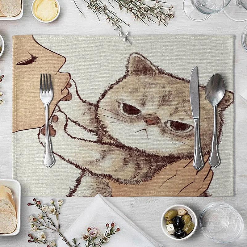 40x30cm Linen Cat Print Table Mat Cute Cat Cartoon Animal Pattern Placemats For Children Kids Kitchen Dining Place Mats Pads