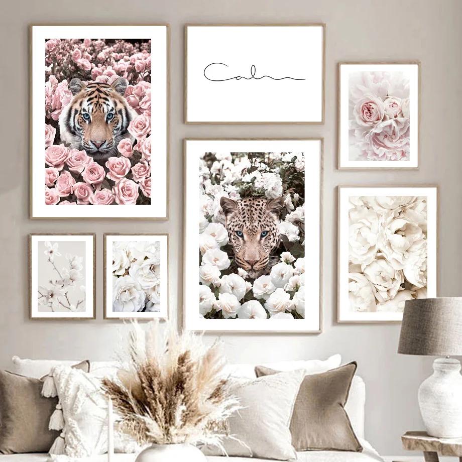 Blooming White Rose Leopard Pink Flower Beast Tiger Wall Art Mural Canvas Painting Posters Prints Decor Pictures For Living Room