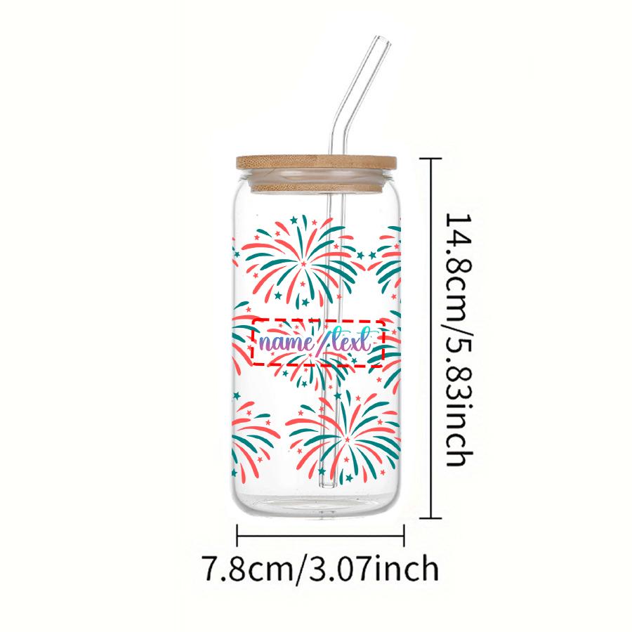 1pc customized fireworks Printed 16oz Glass Cup With Bamboo lid&Straw Drinkware gifts for birthday Back-to-School 16oz