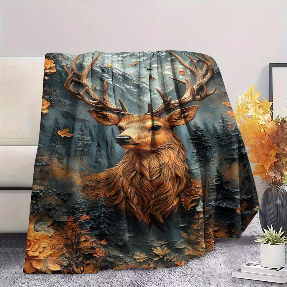 1Pc Vintage Deer Art Print Flannel Blanket, High Quality Comfortable for All Seasons, Home Decor, Warmth and Comfort, Perfect for Gifts
