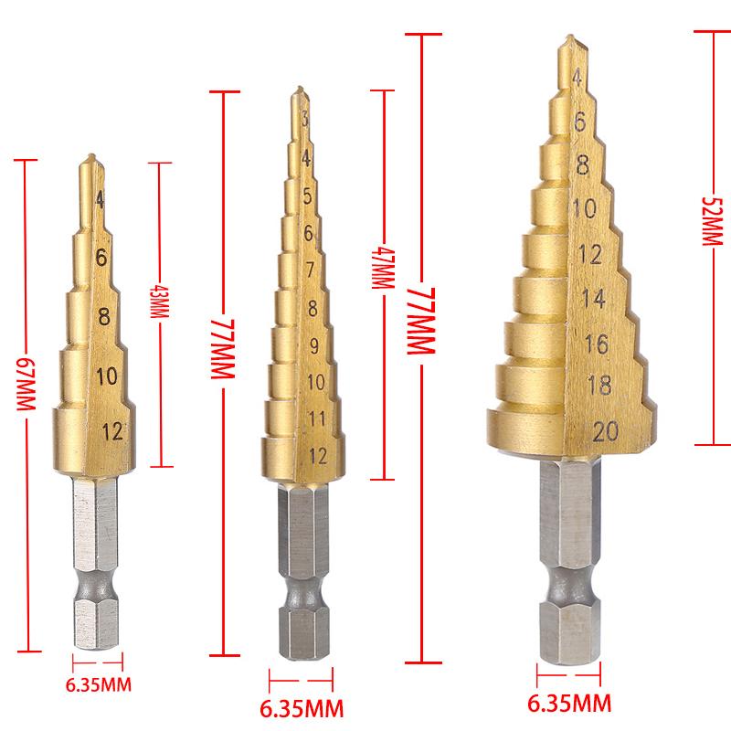 3pcs 3-12mm 4-12mm 4-20mm HSS Straight Groove Step Drill Bit Set Titanium Coated Wood Metal Hole Cutter Core Drill Bit Set