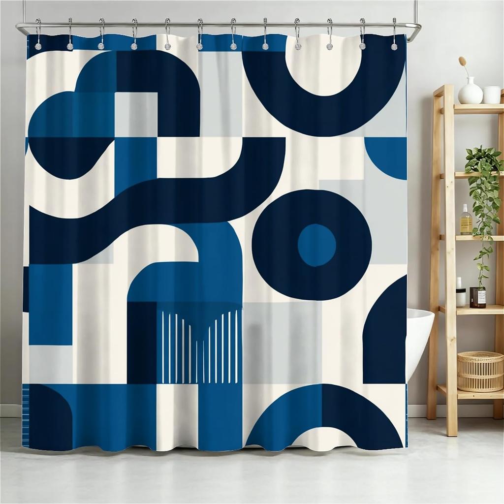 Modern Geometric Shower Curtain Liner Waterproof Navy Blue Abstract Bathroom Curtain Set Home Decor for Bathroom Shower Stall