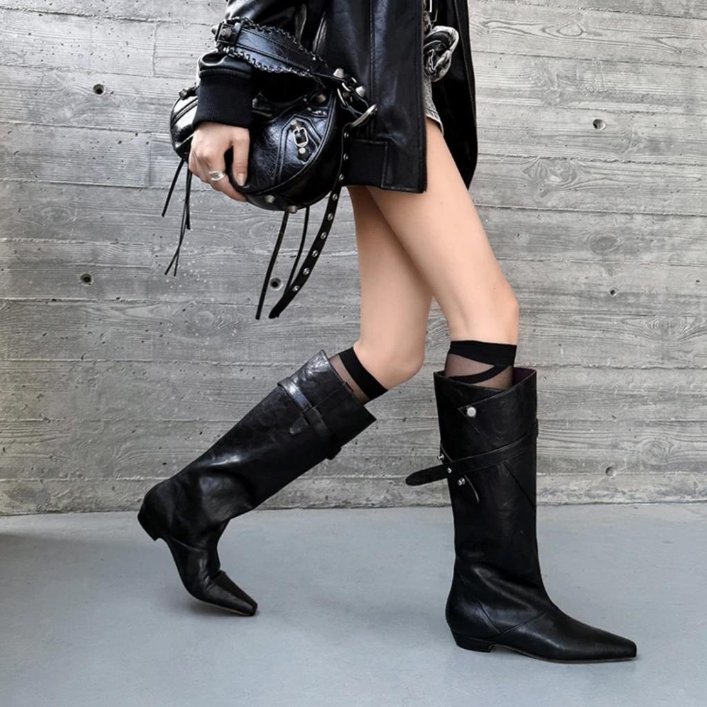 Brown Niche Design Sense But Knee Knight Boots Women's Autumn and Winter Thick Heel Temperament Belt Buckle Boots 2025 New