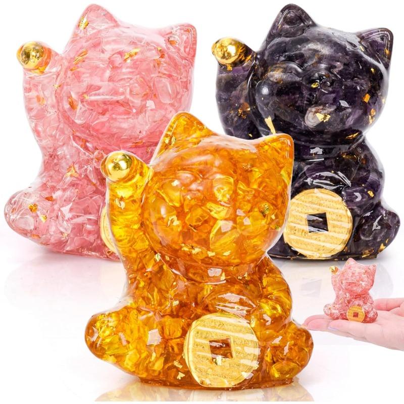 3 Pcs Crystal Maneki Neko, 2.7  Mini Lucky Cat Figurine, Cute Fortune Beckoning Welcoming Cats as Good Luck Decor for Home Office Car 3 Pcs Crystal