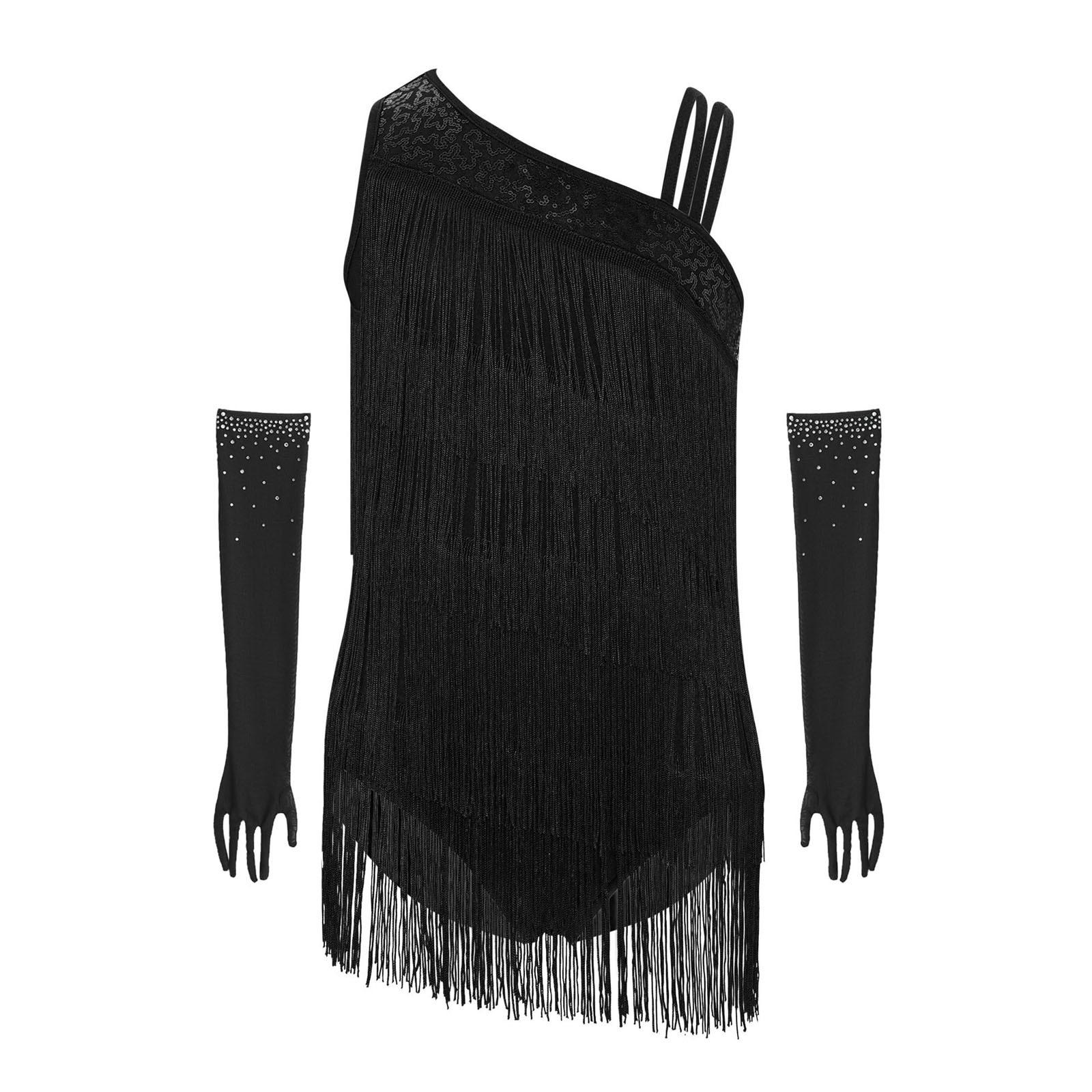 

Костюм для латиноамериканських танців для дівчаток, без рукавів, ярусні китиці, асиметричний, леотар з паєтками, стрази, сітчасті рукавички, набір 5-6 Years чорний