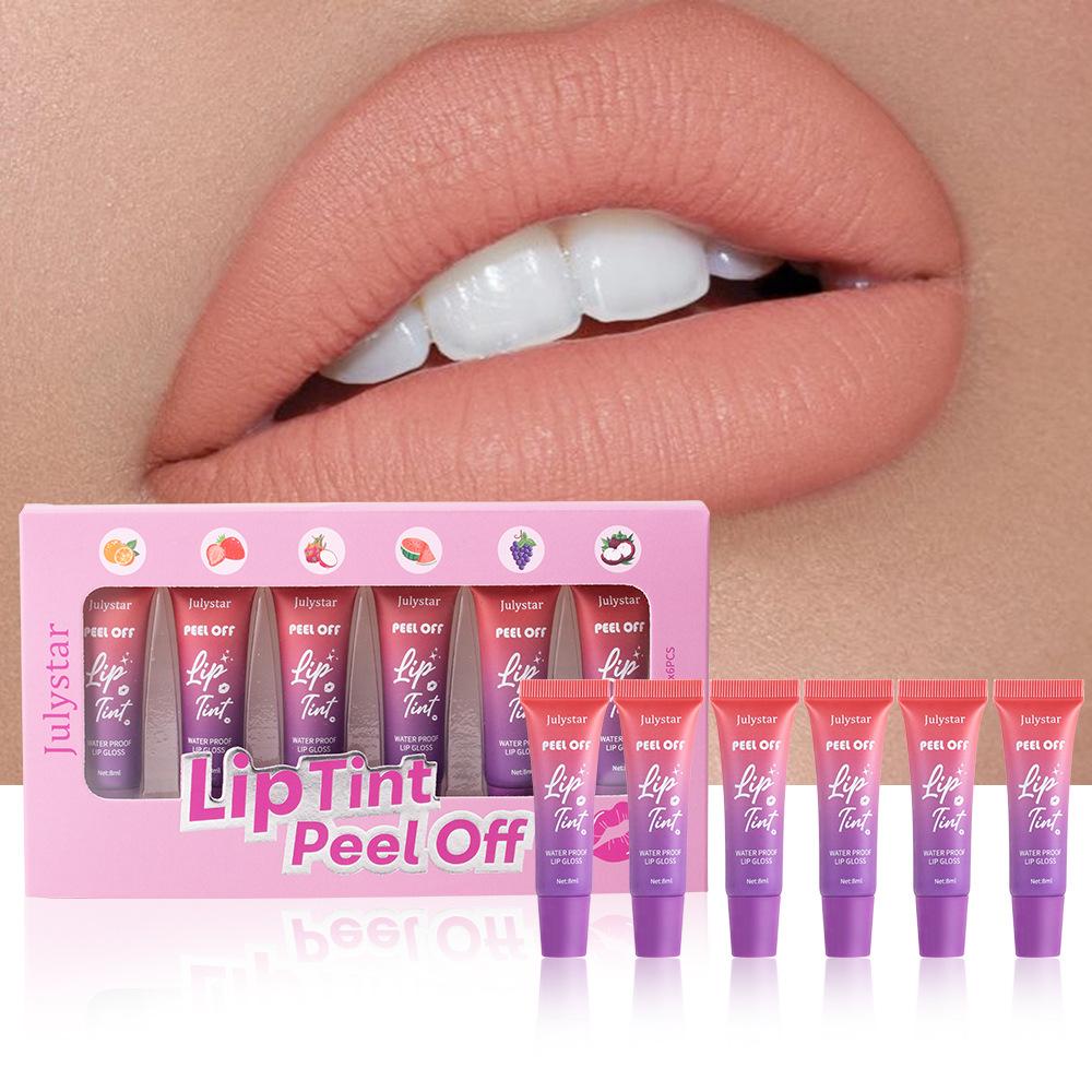 6PCS Julystar Lip Makeup Fruity Tear Lip Glaze Matte Background Waterproof Tear Lipstick