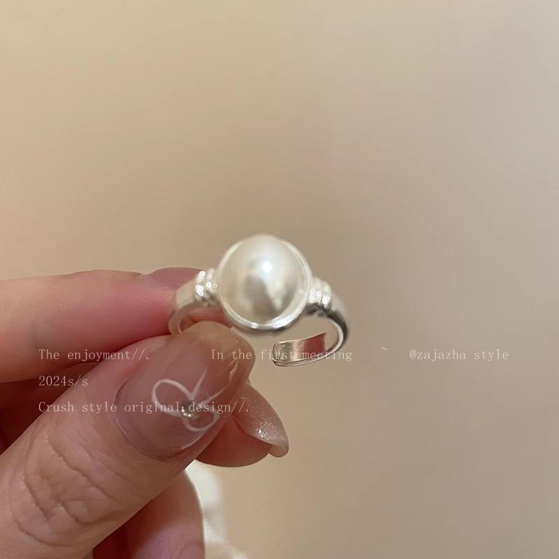 2pcs/set Silver Color Rings Double Hollowed-Out Imitation Pearl Adjustable Ring Women Fashion Light Luxury Party Jewelry
