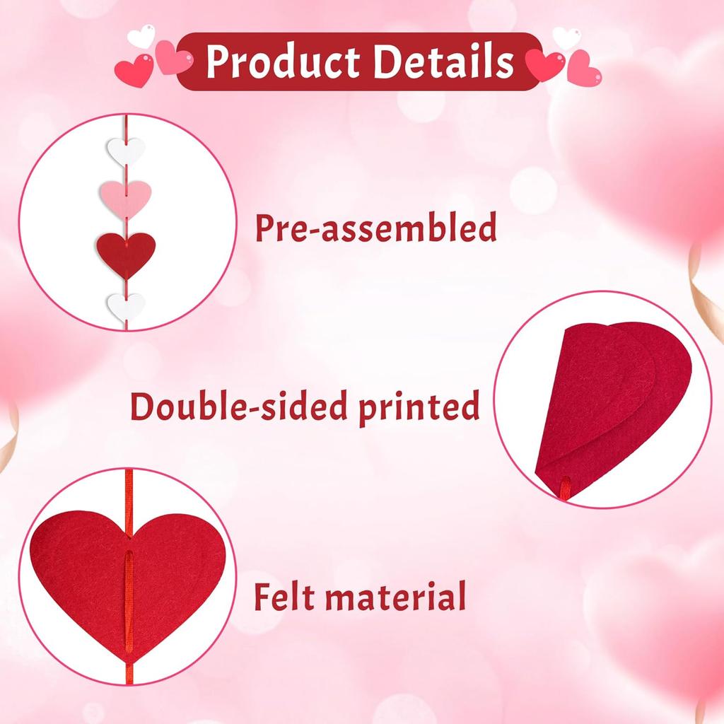 8 Pack Felt Heart Garland, Valentines Day Decorations-No DIY Red Pink White Heart Valentines Hanging String Banner for Anniversary Wedding Engagement