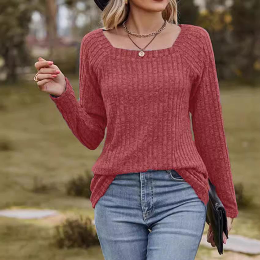 2024 European & American Square Neck Ribbed Long Sleeve T-Shirt