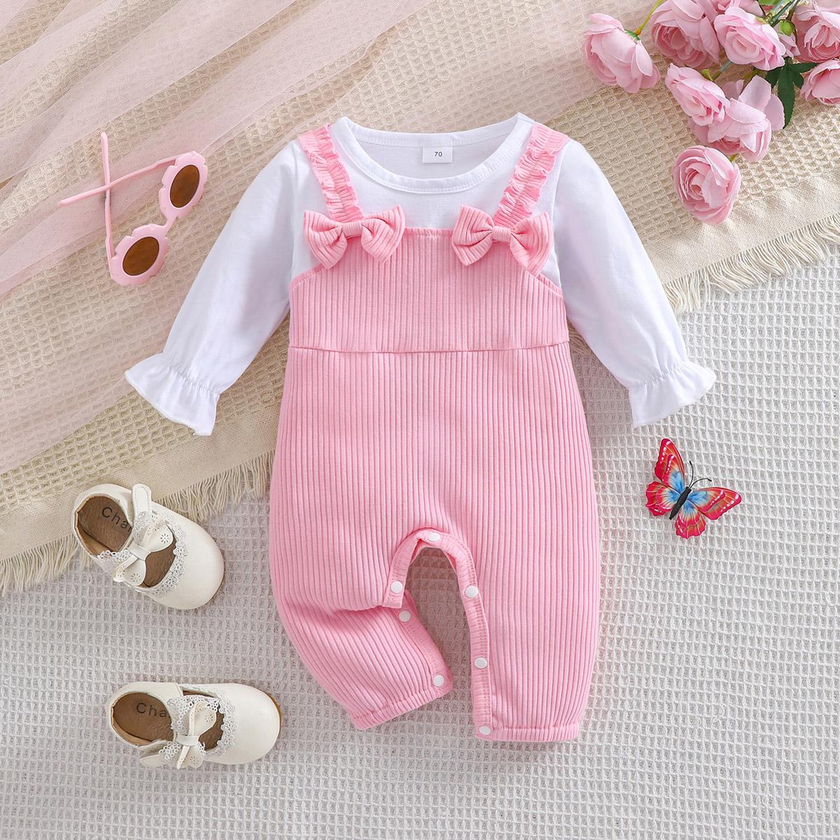 

Модный комбинезон из двух частей с бантом и искусственным узором для девочки, однотонный, с длинными рукавами, из хлопка 12-18M розовый