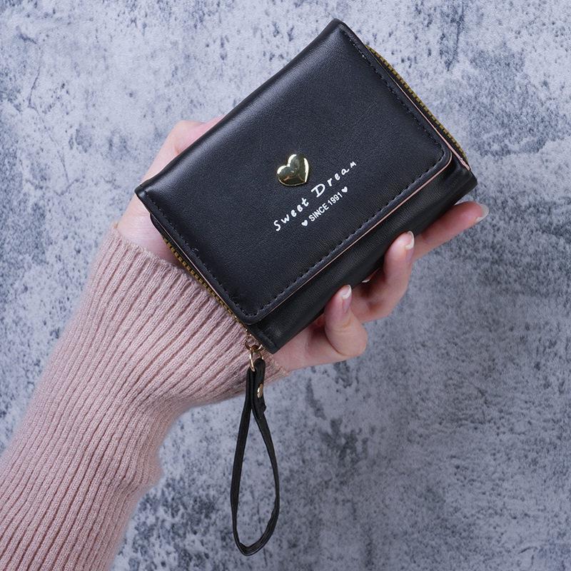 Women's Heart-Shaped Mini Coin Purse & Card Holder - Cute Three-Fold Zipper Wallet with Large Capacity