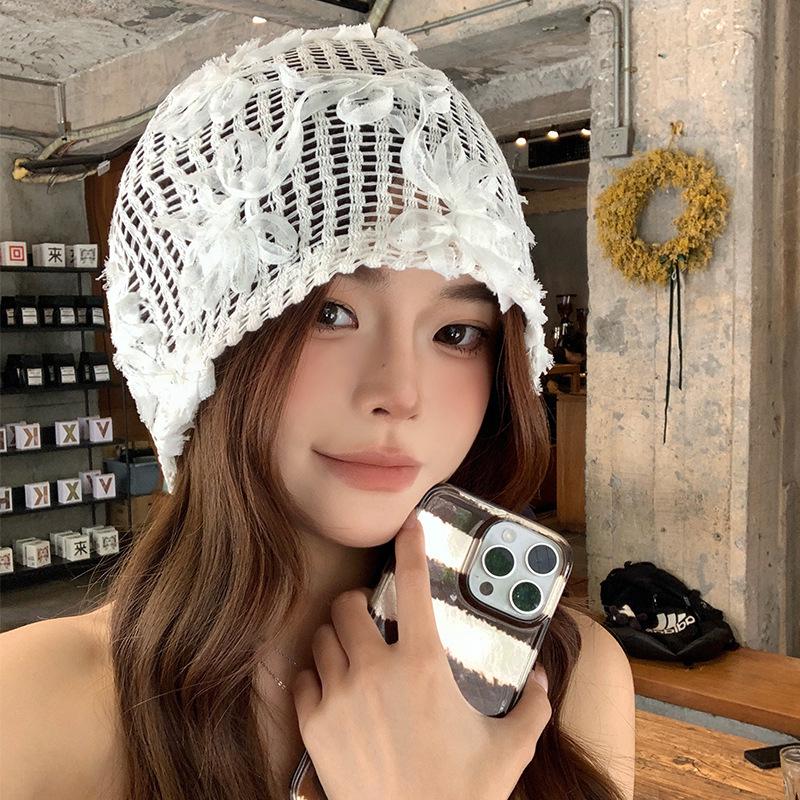 Korean 3D Flower Beanie for Women - Spring/Summer Fashion, Breathable, Lightweight, Large Head Fit, Slouchy Style