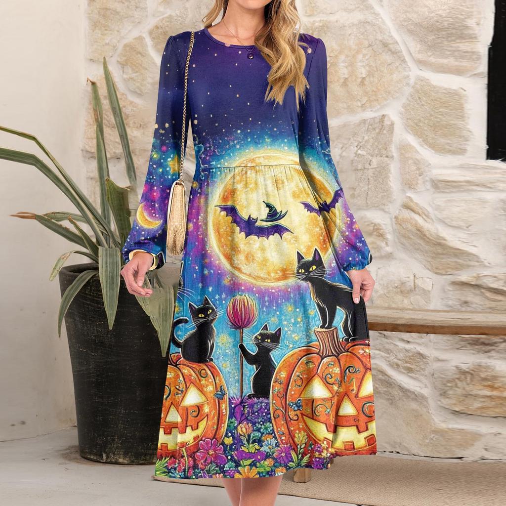 Women's Fashionable Loose Halloween Printed Round-neck Dress