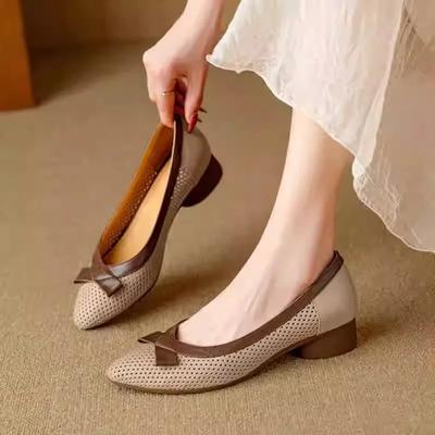 Fashion New Genuine Leather Bowtie Shoes for Women Nude Hollow Out Breathable Pumps Beige Low-heeled Vintage Ladies Shoes Luxury Shoes