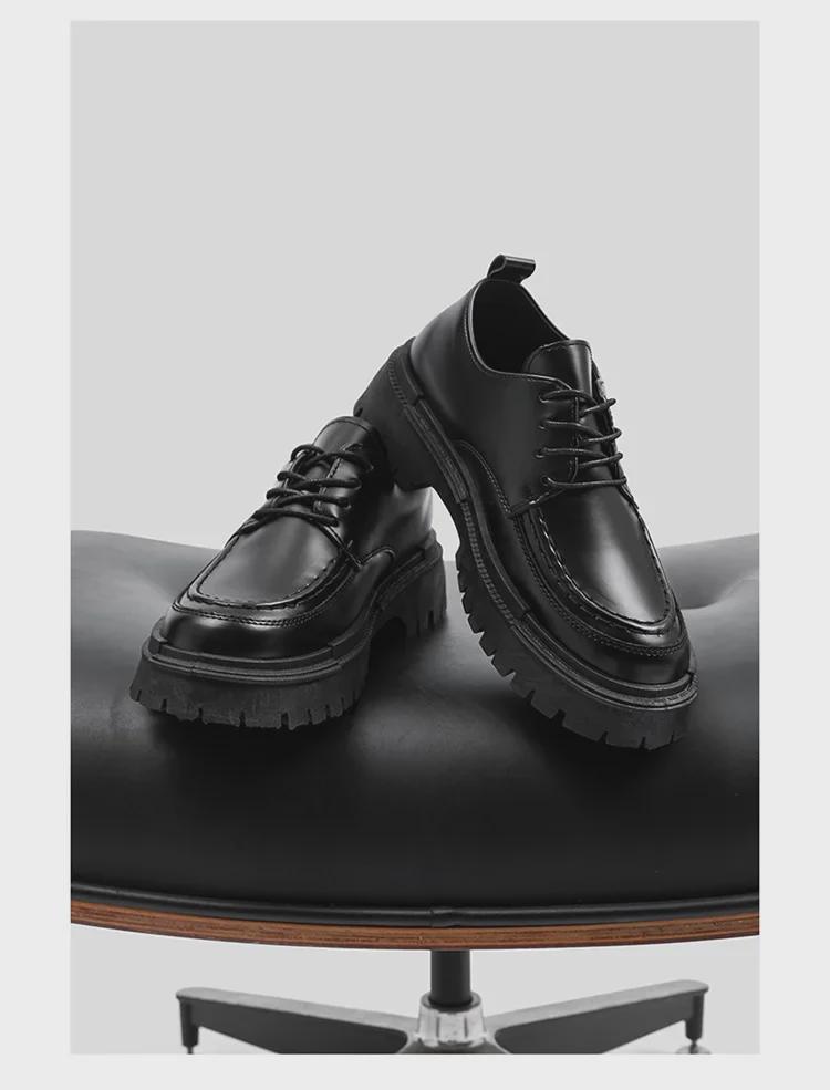 Men's Casual Black Leather Shoes - Autumn British Style, Thick Sole, Heightening Design, Fashionable College Footwear
